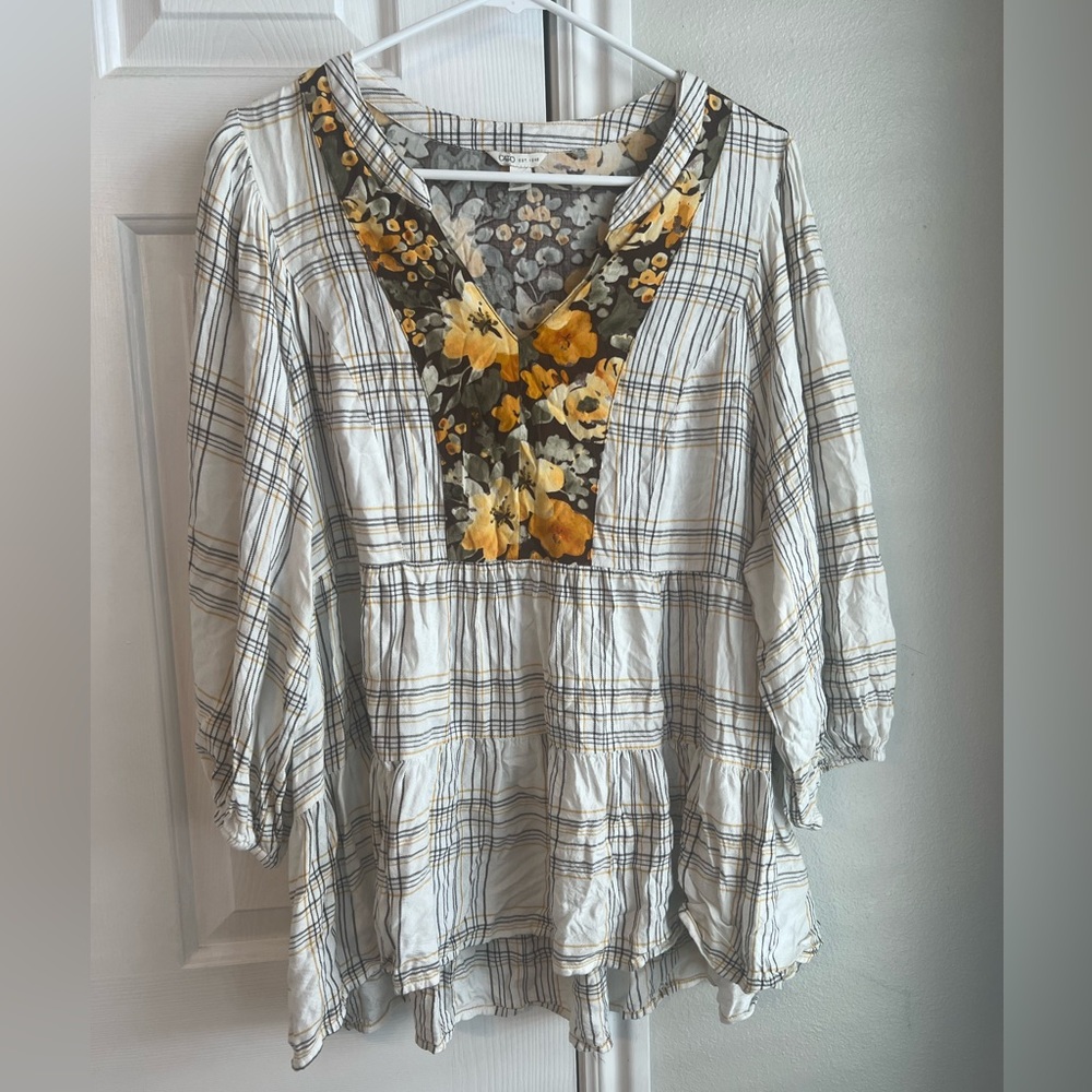 Cato Fall Plaid Floral Babydoll Tiered Ruffle Blouse 3/4 Sleeves Plus Size